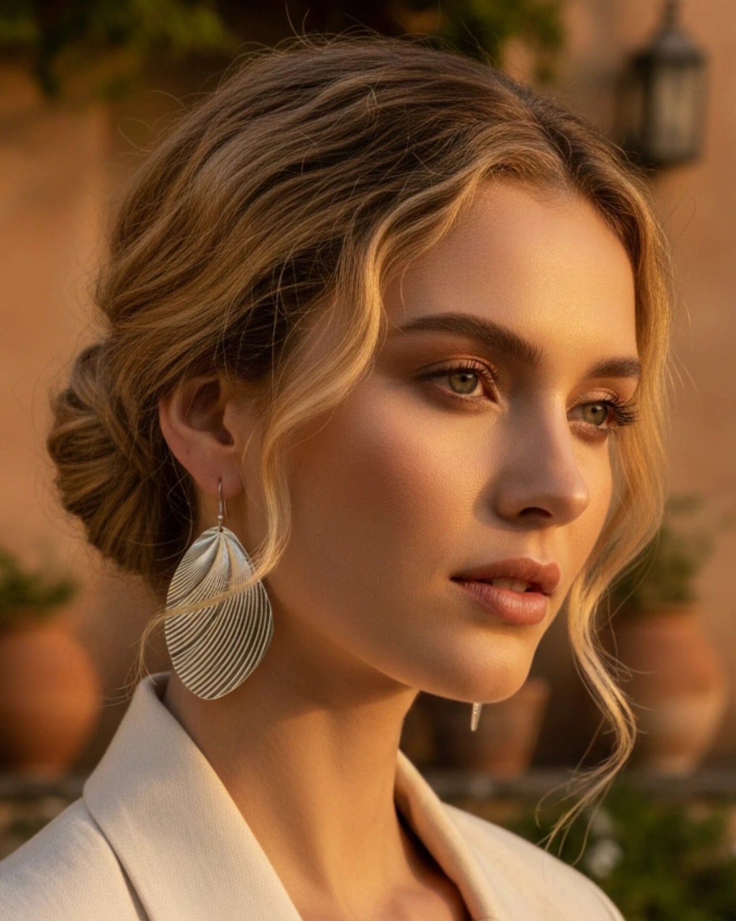 An aspirational luxury campaign shot featuring a model with an elegant blonde bun and soft, face-framing waves. She is wearing oversized, sculptural silver drop earrings with a textured, pleated finish, reflecting a high-status, fashion-forward brand aesthetic for La Pasión.