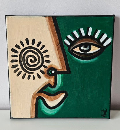  Three abstract paintings with stylized faces in different colors and shapes.