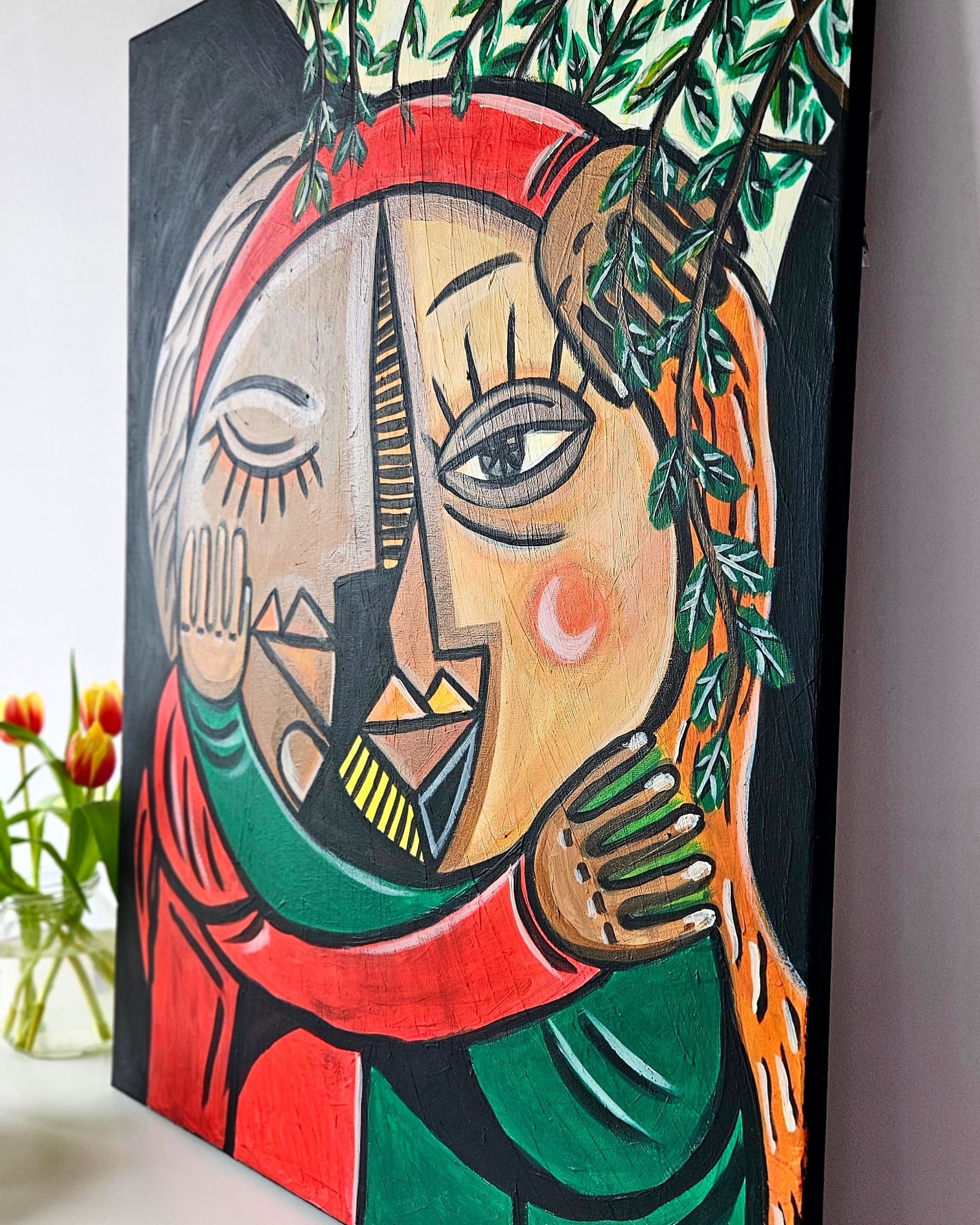 A large-scale 70x90 cm original acrylic painting titled "Love Beneath Nature's Veil," featuring a vibrant, emotional scene of love and connection with a symphony of bold colors