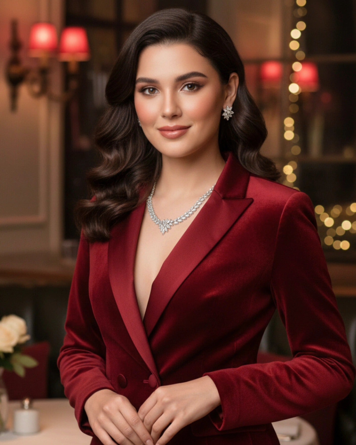 A high-fashion model with elegant waves and professional makeup wearing a deep red velvet blazer and a statement diamond cluster necklace with matching floral stud earrings. The background features warm, luxury ambient lighting and bokeh, creating a sophisticated flagship brand aesthetic.
