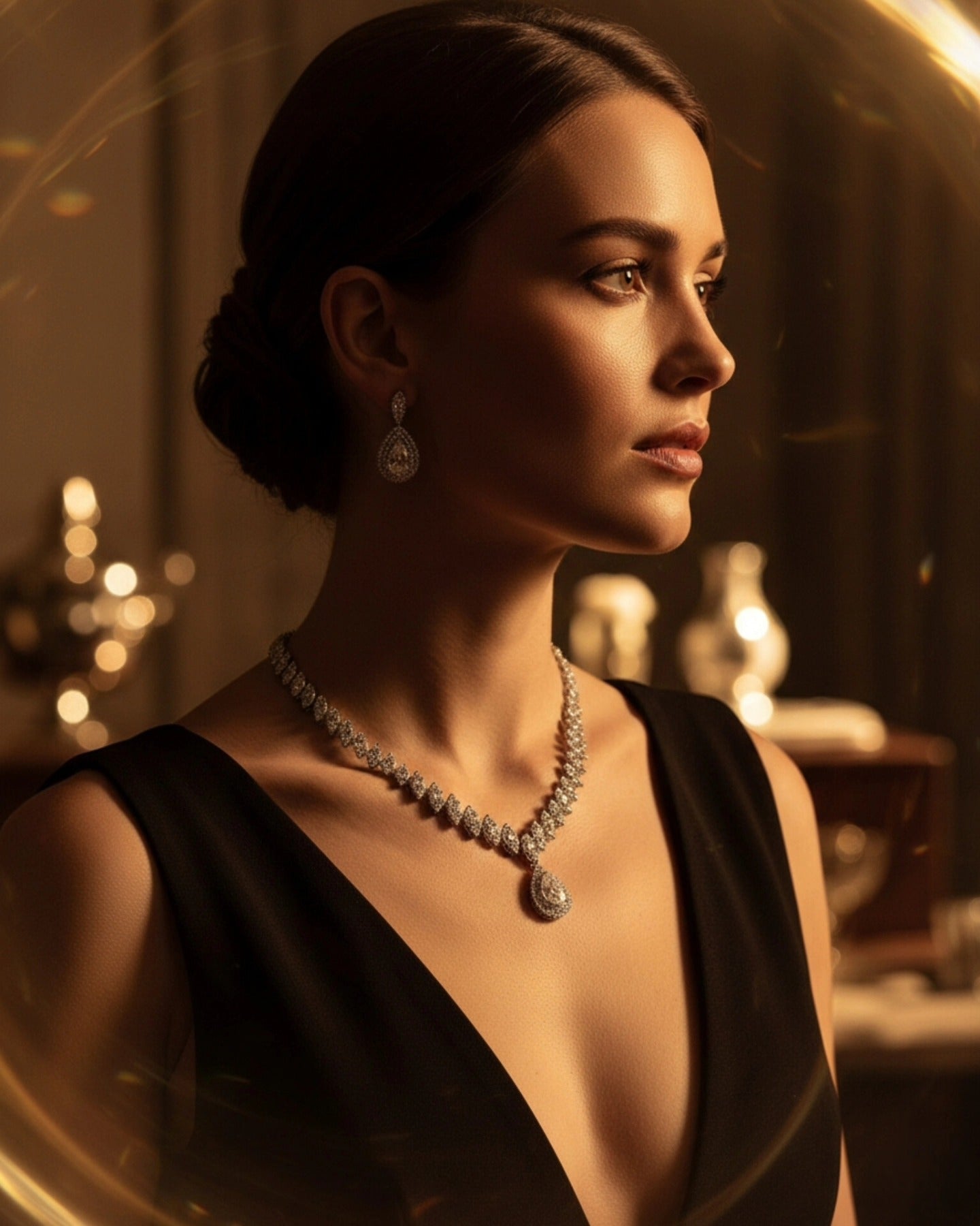 A profile view of a woman in formal black attire, showcasing the side profile of a brilliant diamond necklace and large teardrop diamond earrings against a golden-hued, blurred background.
