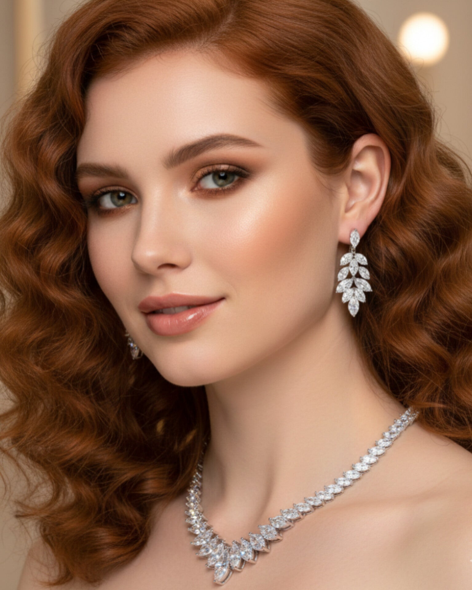 Close-up editorial portrait of a model with elegant wavy auburn hair wearing a high-end marquise-cut diamond necklace and matching leaf-style drop earrings against a warm, blurred luxury backdrop.