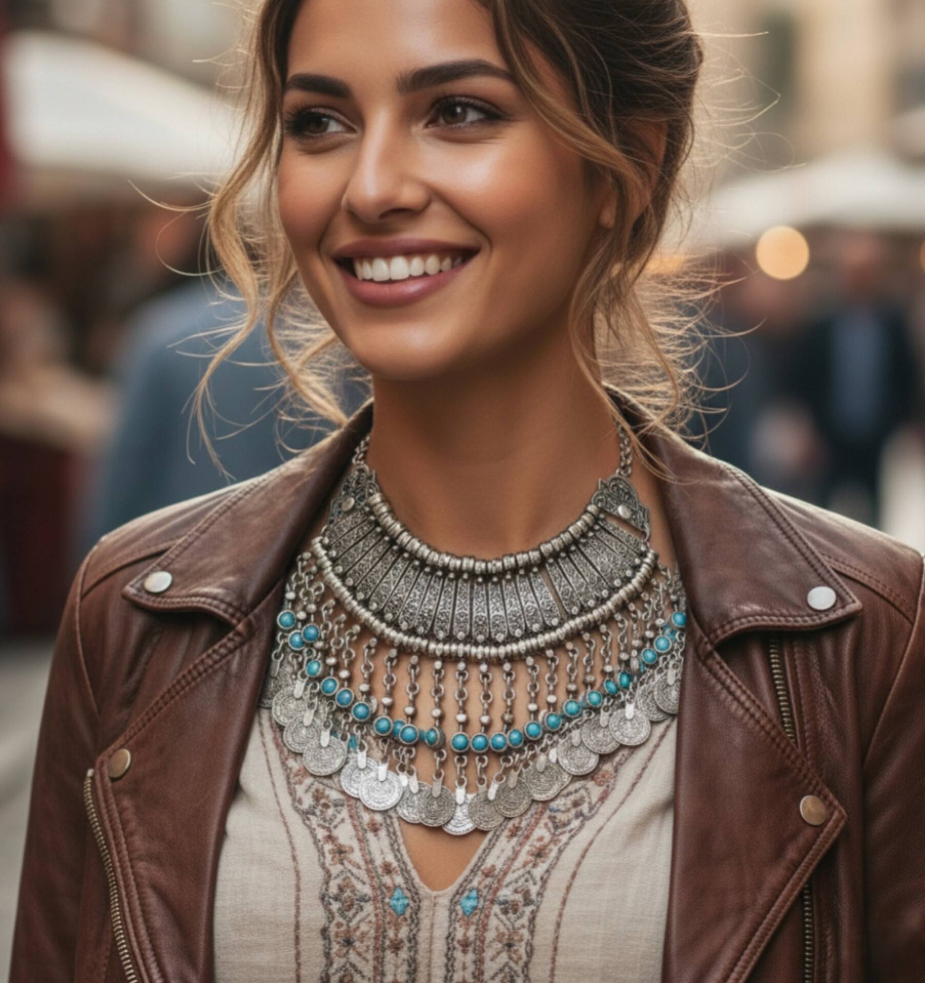 Editorial close-up of the Priscilla necklace showcasing intricate silver metalwork, turquoise stones, and dangling coin details for a flagship jewelry campaign.