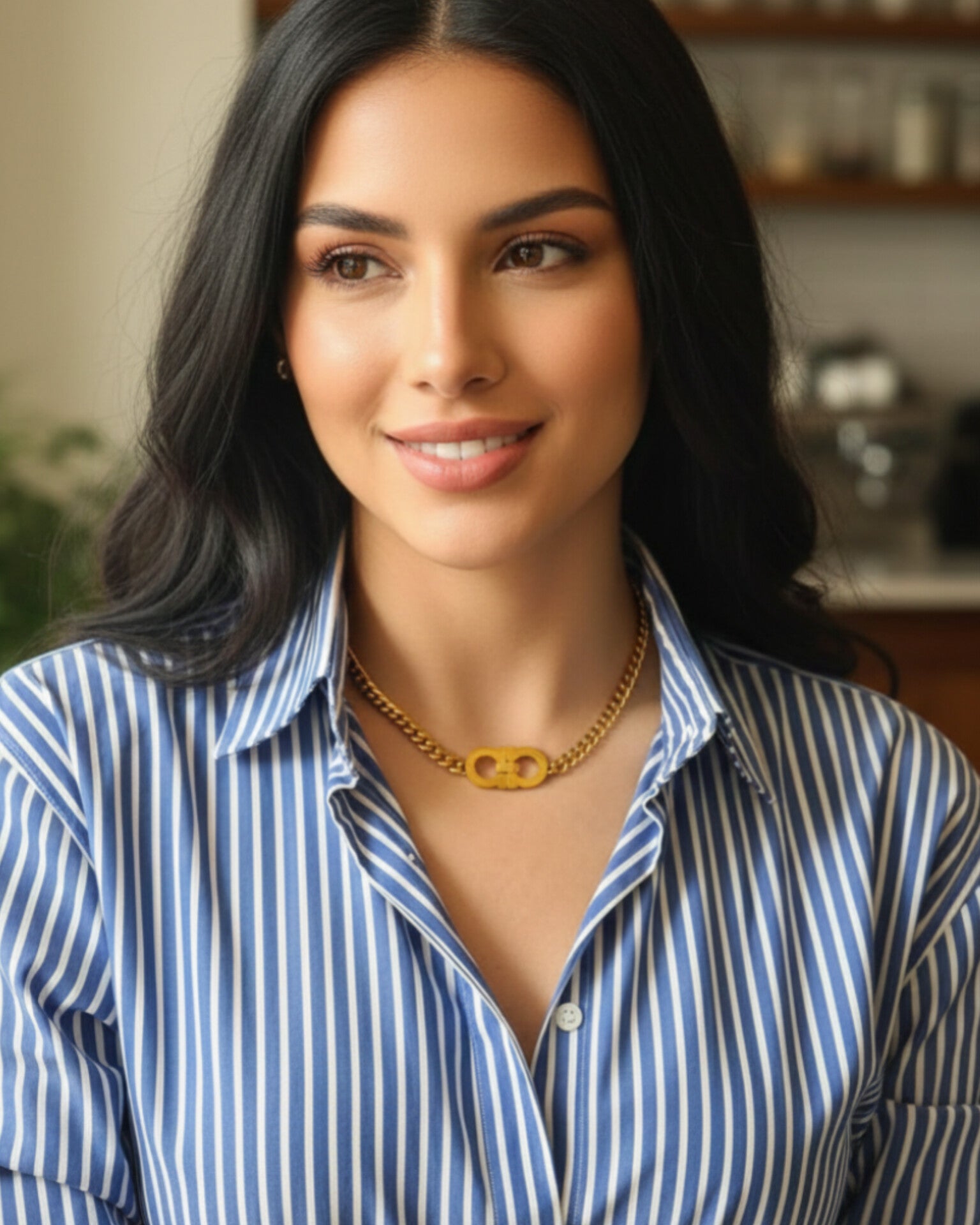 A high-fashion model wearing the Natalie statement necklace, featuring a bold, high-polish gold link chain that exudes timeless sophistication and luxury status.