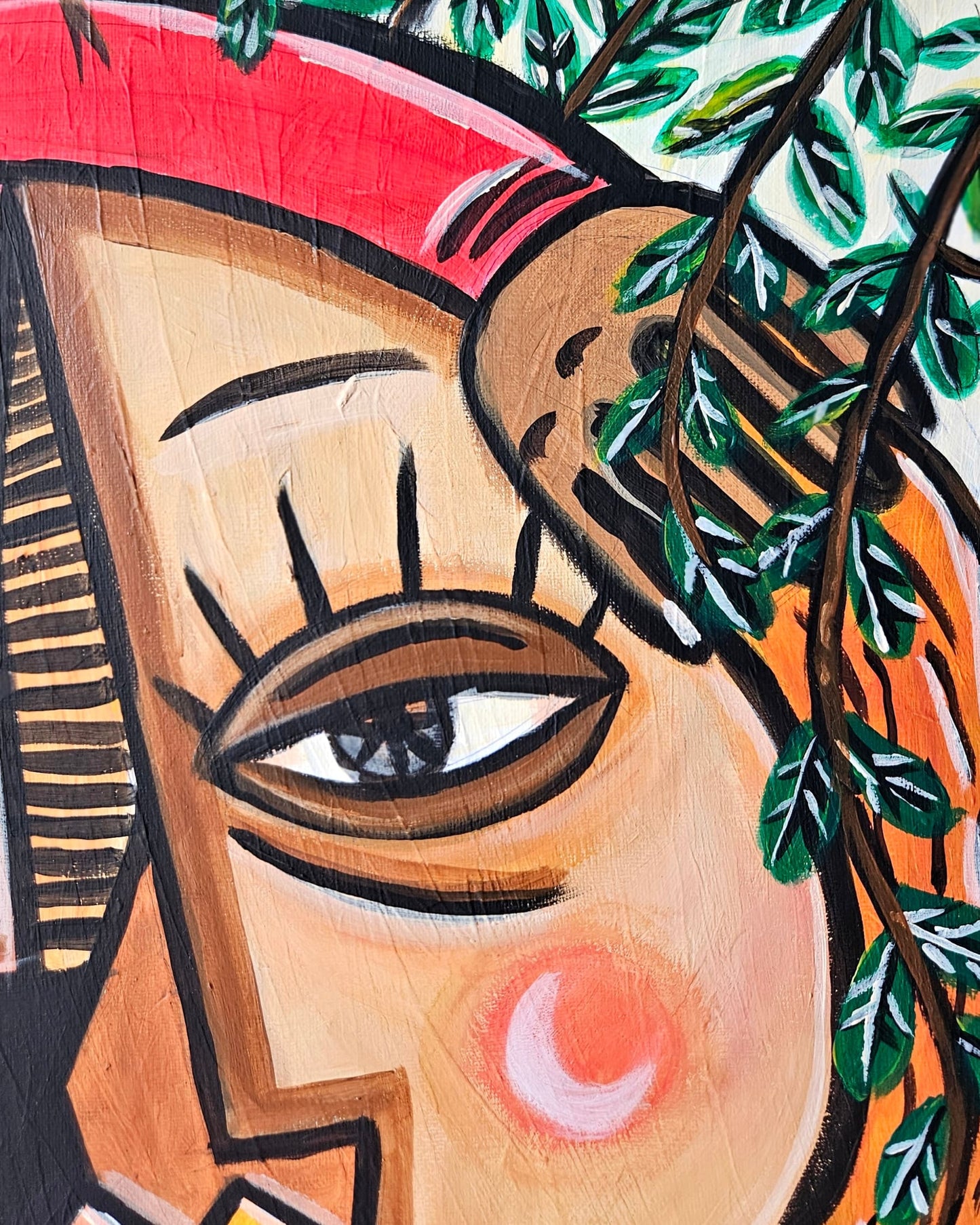 Detailed close-up of "Love Beneath Nature's Veil" by Nour Yousfi, showcasing the expressive brushstrokes and rich emotional texture of this one-of-a-kind artwork.