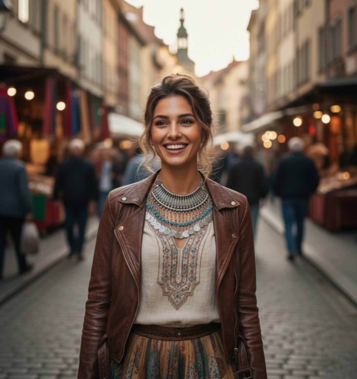 A human, emotional lifestyle portrait of a modern woman wearing a premium silver filigree statement necklace, capturing a sophisticated and fashion-forward brand tone.