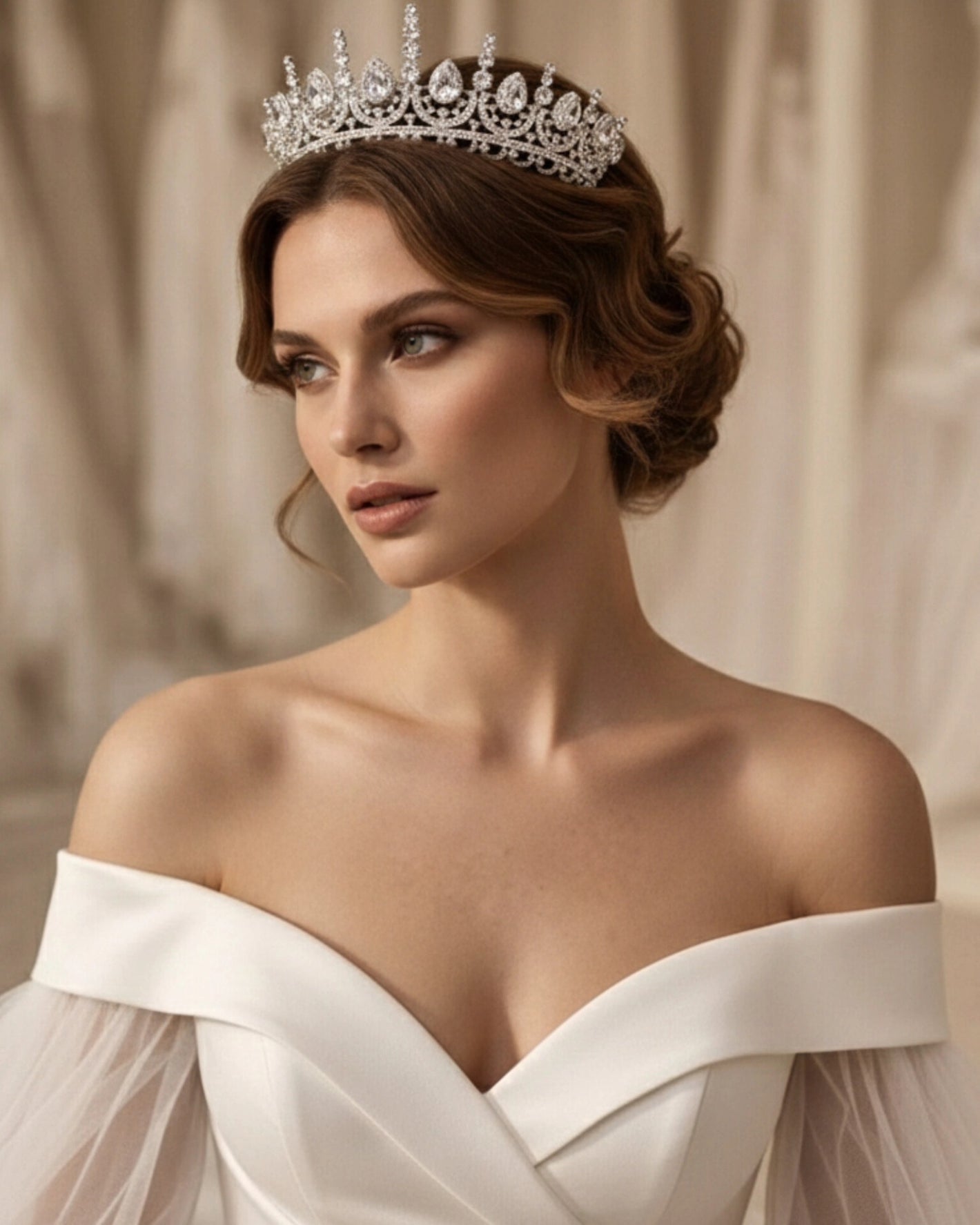 High-fashion editorial shot of a model with an elegant low bun wearing an intricate silver tiara featuring pear-shaped diamonds, paired with a sophisticated off-the-shoulder white silk bridal gown.