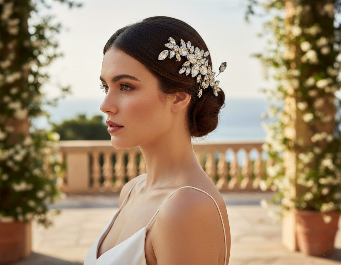 A high-fashion editorial profile of a model with an elegant low bun, wearing the Samara floral crystal hair comb featuring marquise gemstones against a luxury villa background.