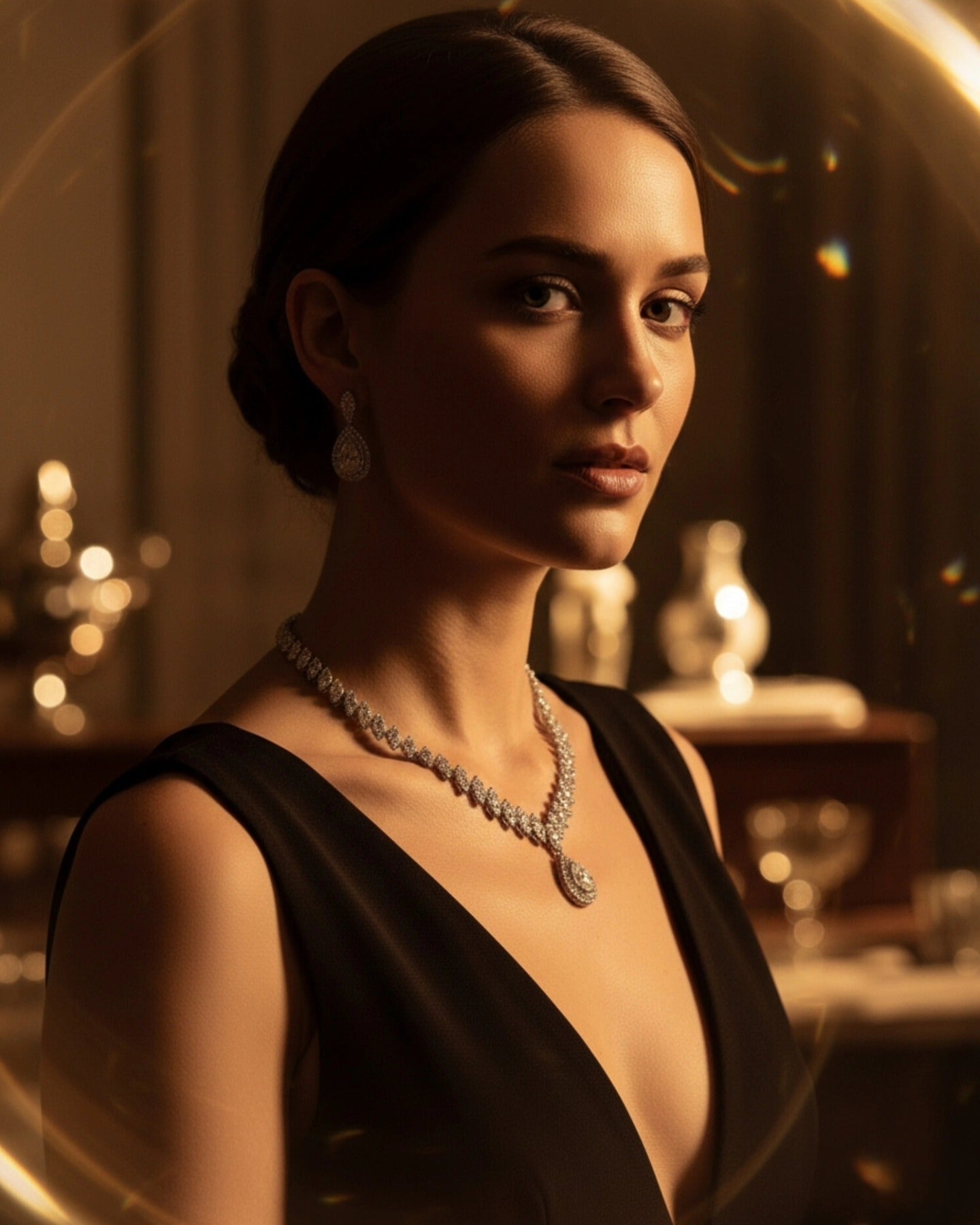 A woman in a black plunging neckline evening gown wearing a dramatic V-shaped statement diamond necklace and matching teardrop earrings in a warm, dimly lit luxury setting.