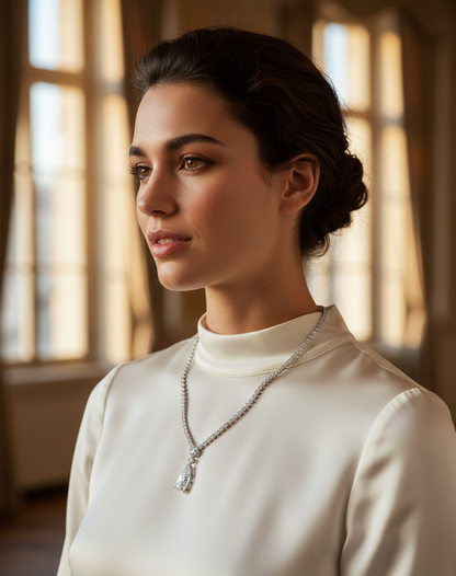 An editorial fashion portrait of a model with a natural, human look, showcasing the Tear Necklace in profile. She wears a cream silk high-neck blouse, emphasizing a sophisticated and aspirational lifestyle. The soft morning light highlights the brilliant cubic zirconia pendant and the elegant silver chain against her skin.
