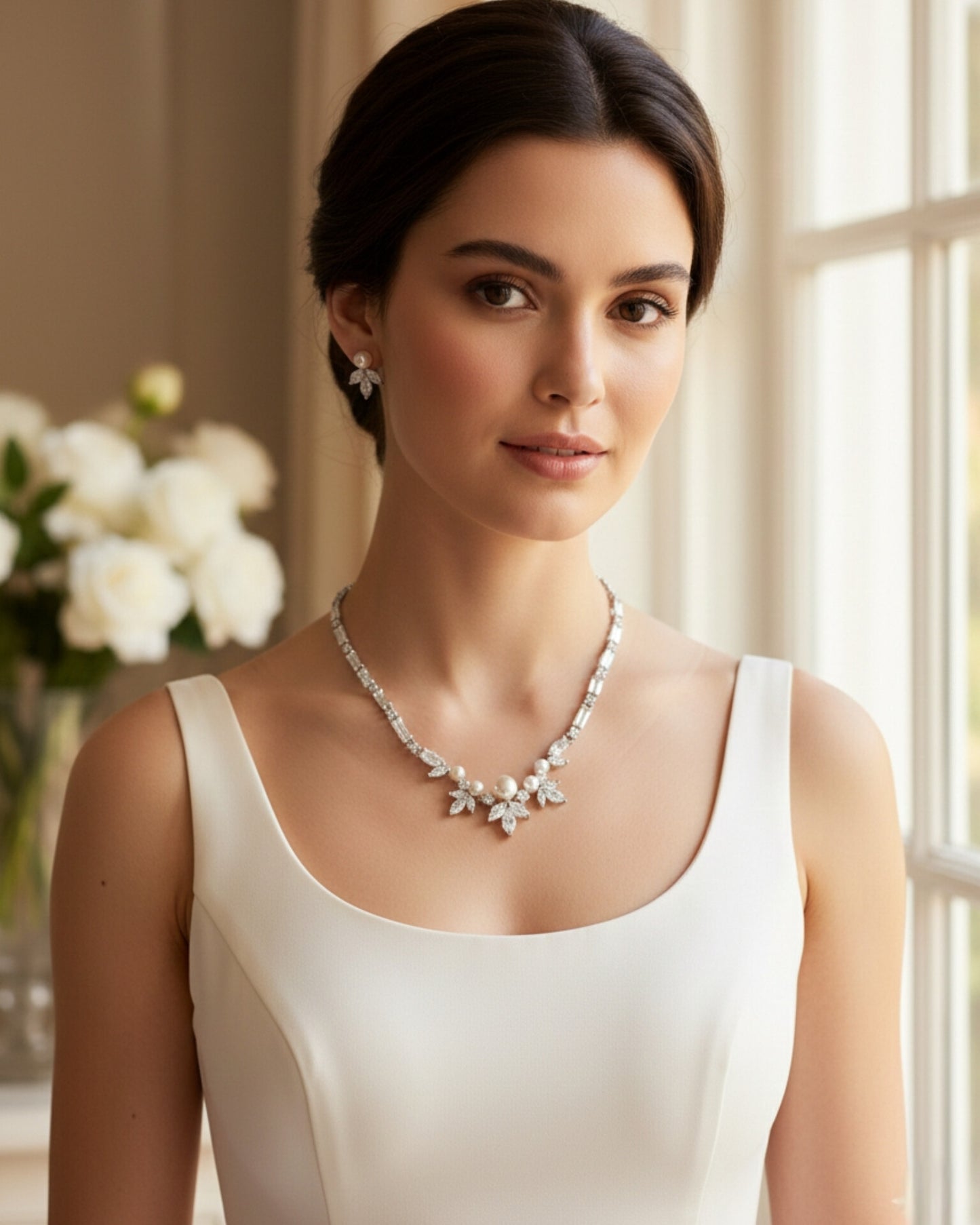 A high-fashion editorial portrait of a model wearing a premium pearl and marquise diamond necklace with matching leaf-cluster earrings.