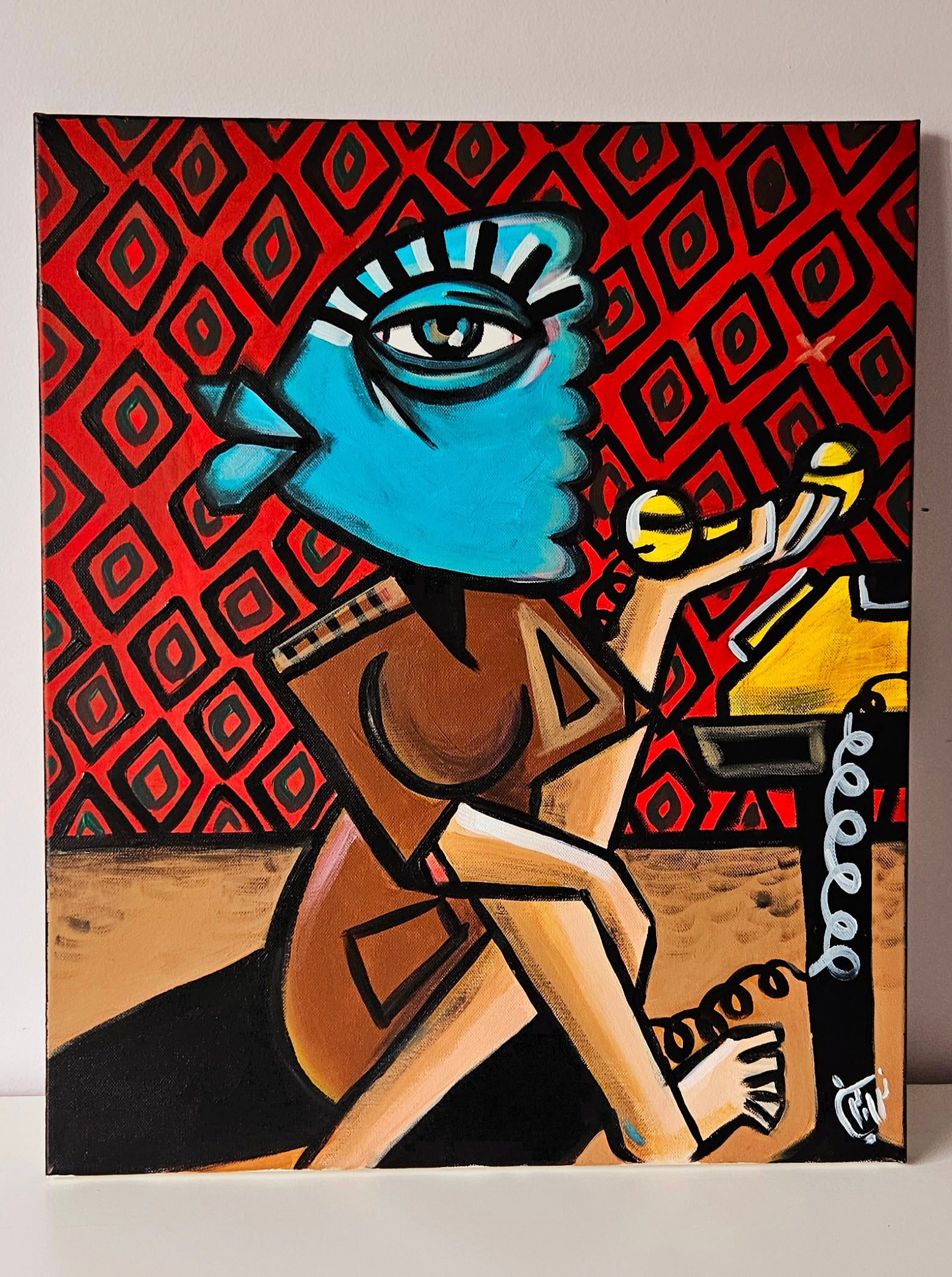 Abstract painting of a masked figure with a telephone, set against a bold red background with geometric patterns.