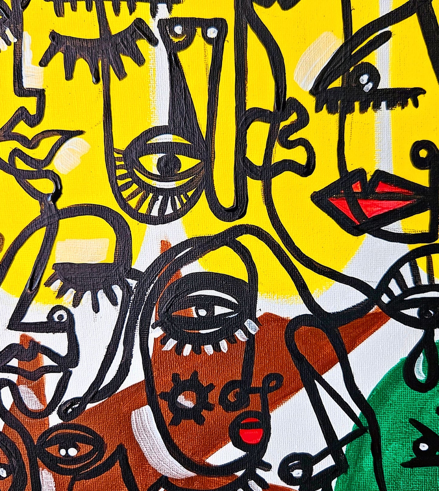 Vibrant abstract painting featuring multiple stylized faces with bold colors and black linework, set against a yellow background.