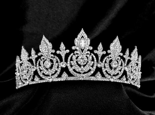 A silver tiara with a design of intertwined vines and flowers. The tiara is encrusted with clear cubic zirconia stones. The tiara is sitting on a black velvet surface.