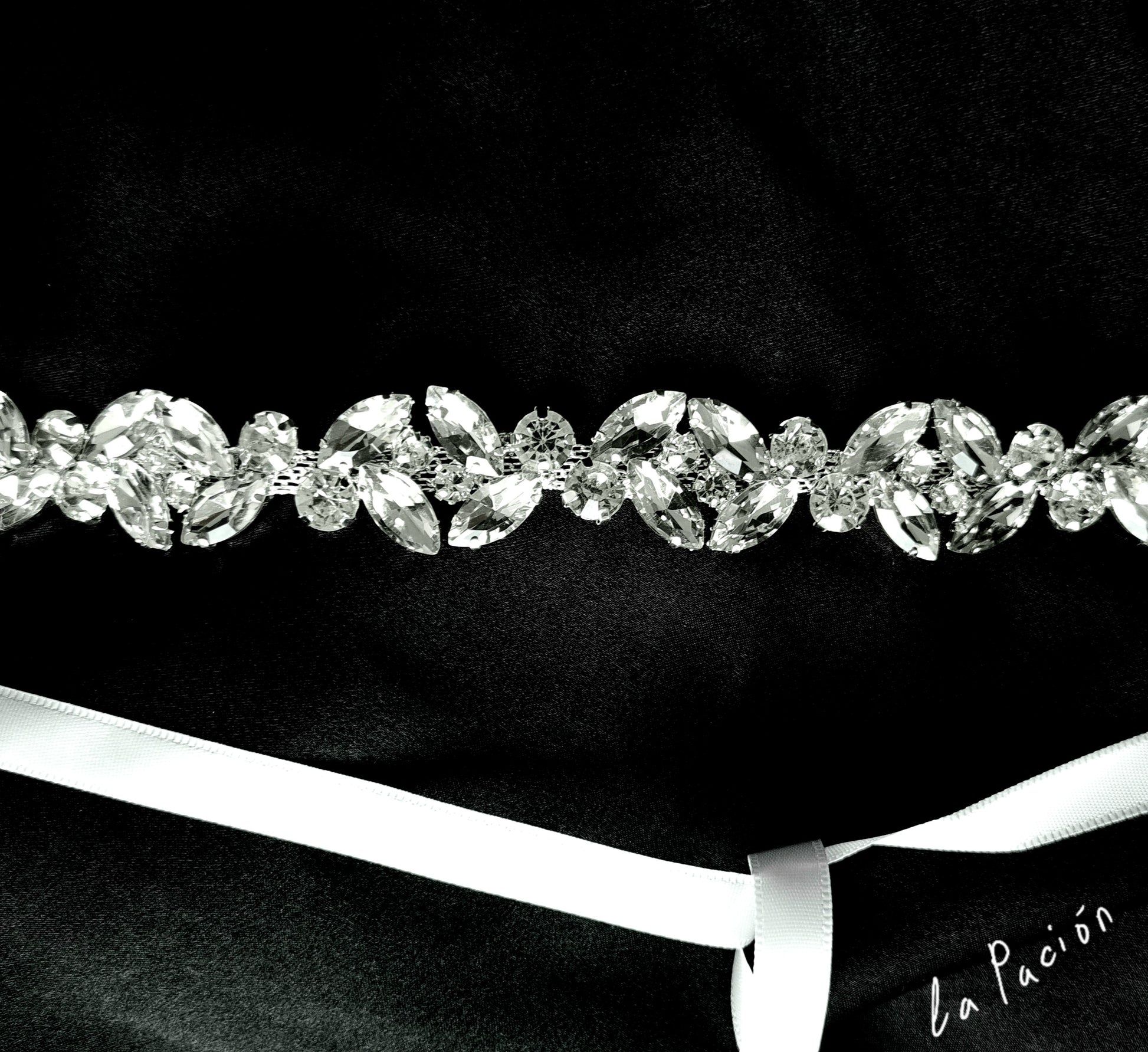 Emmy bridal belt, showcasing its intricate design and shimmering crystals.