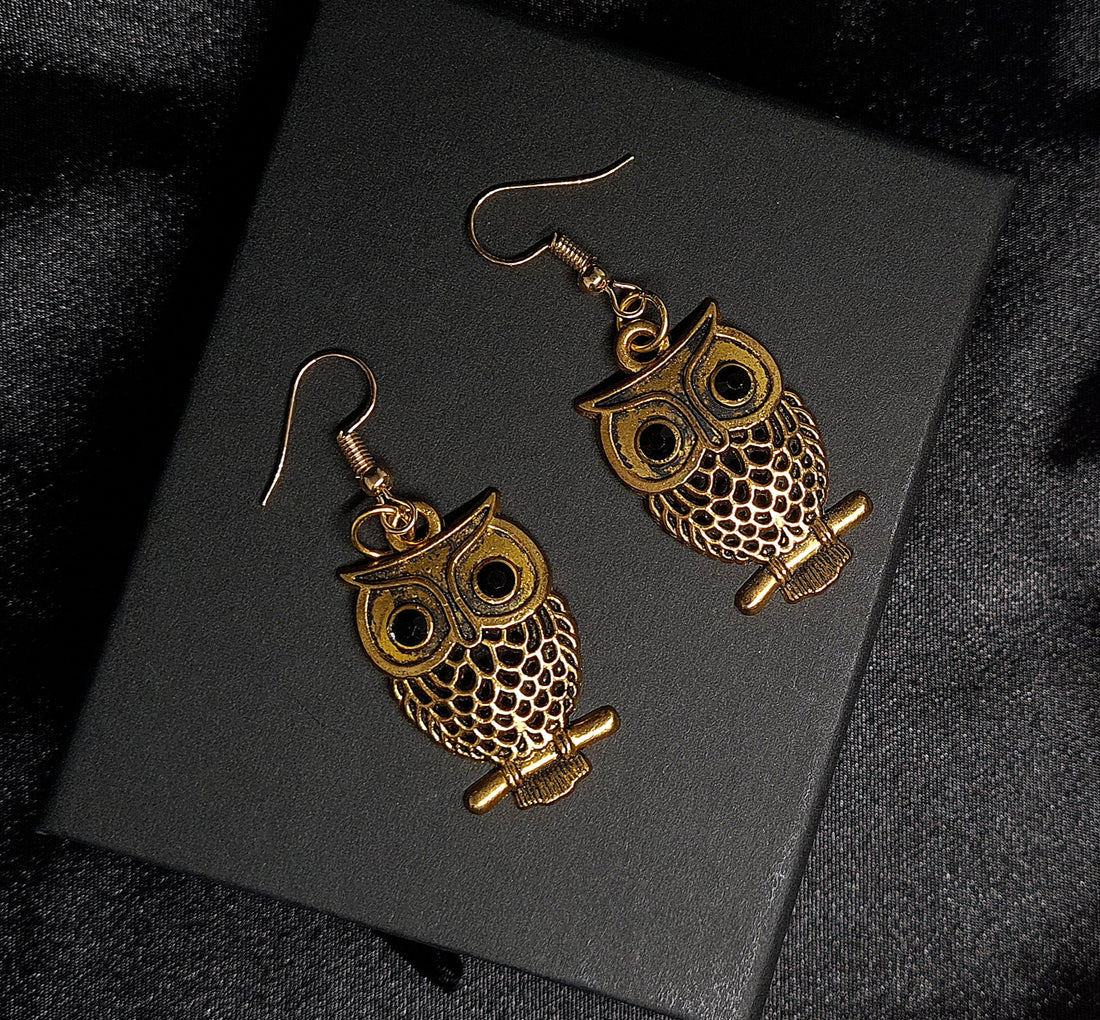 handmade earrings with owl charm showcased on black jewelry box