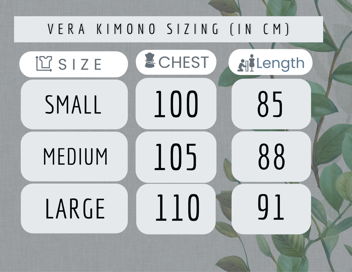 a chart size of a bridal kimono 